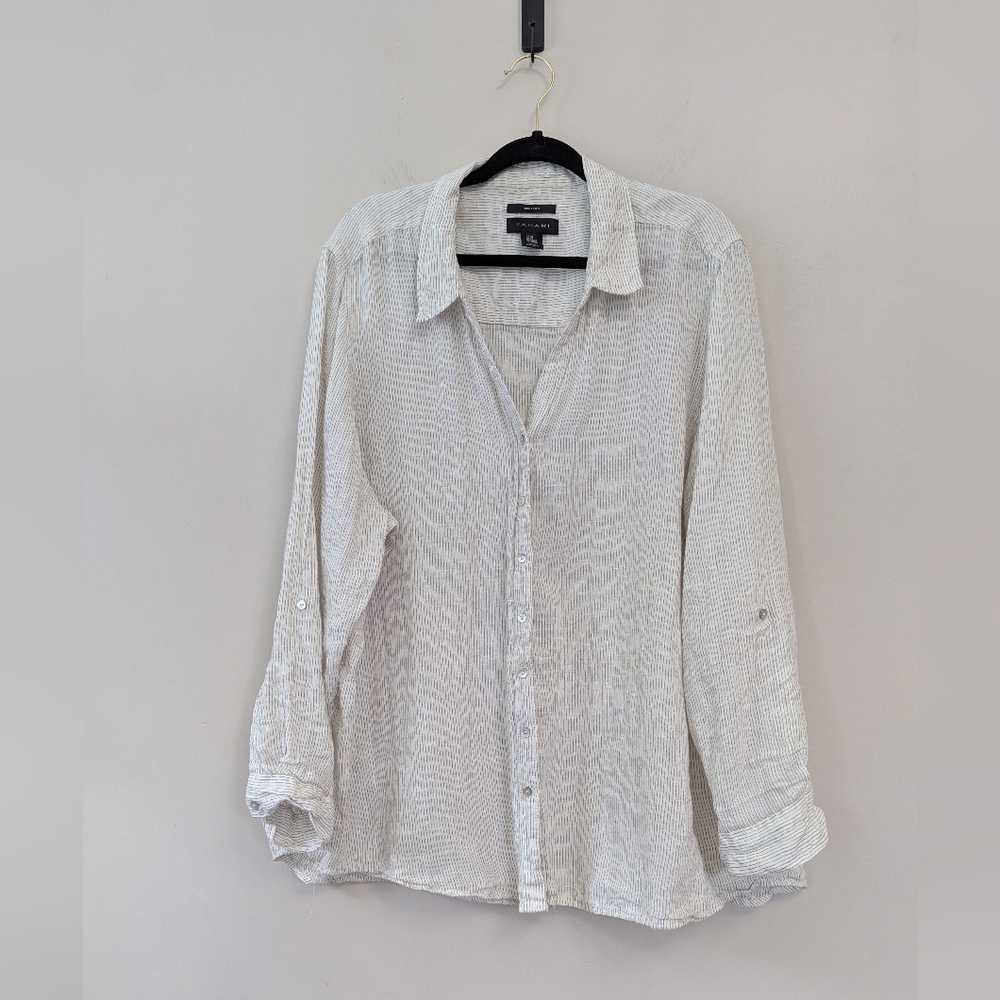 Tahari Pin Striped Linen Roll Sleeve Button Up Shirt Coastal 3X